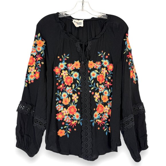 Savannah Jane Embroidered Black Boho Top Blouse Peasant Floral Lace Large - Picture 3 of 11